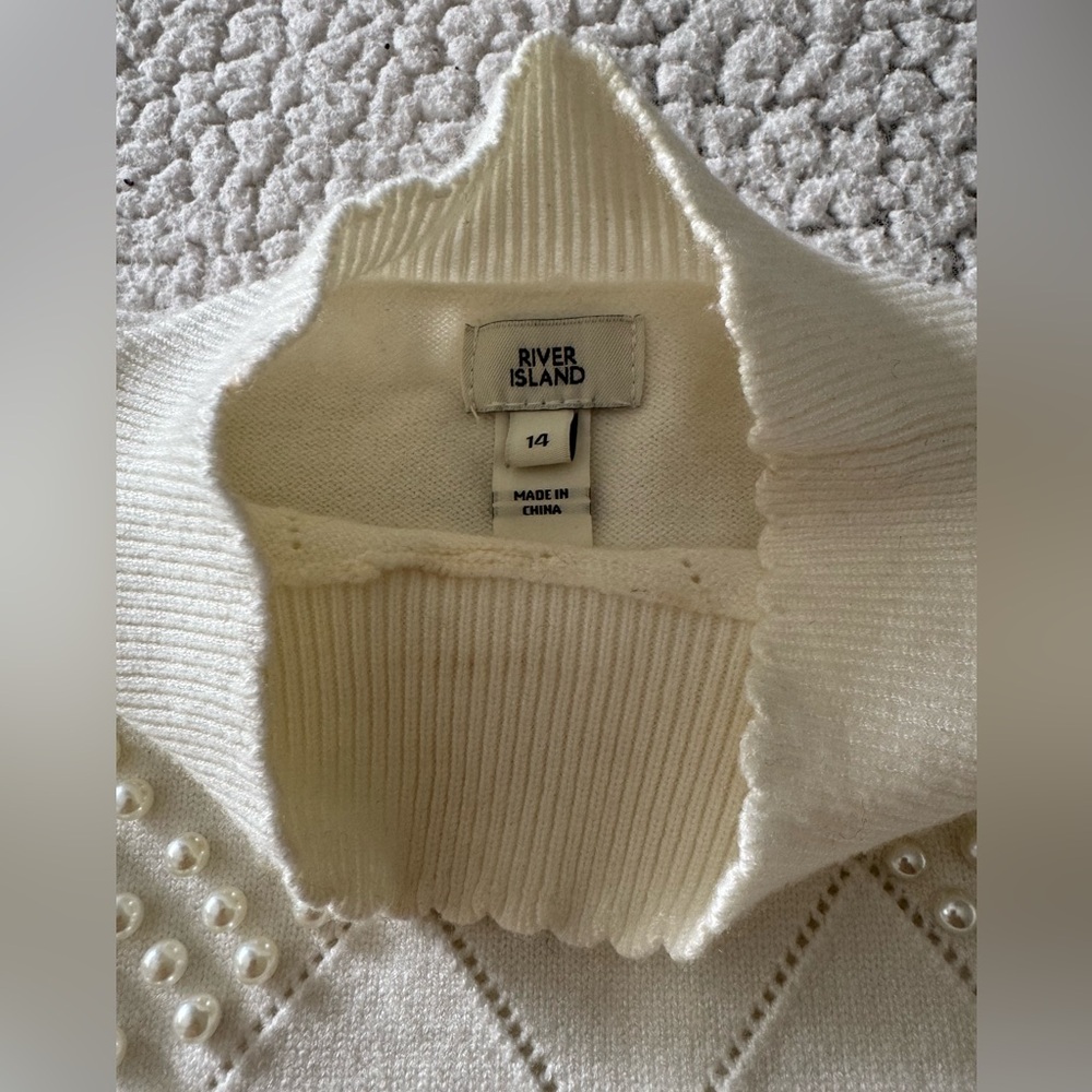 River Island Cream White Argyle Sweater With Pearl Detail Size M - Picture 5 of 10